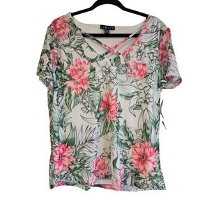 Limité Womens XL Floral Mesh Short Sleeve Top V-Neck Criss Cross Pink White‎ New